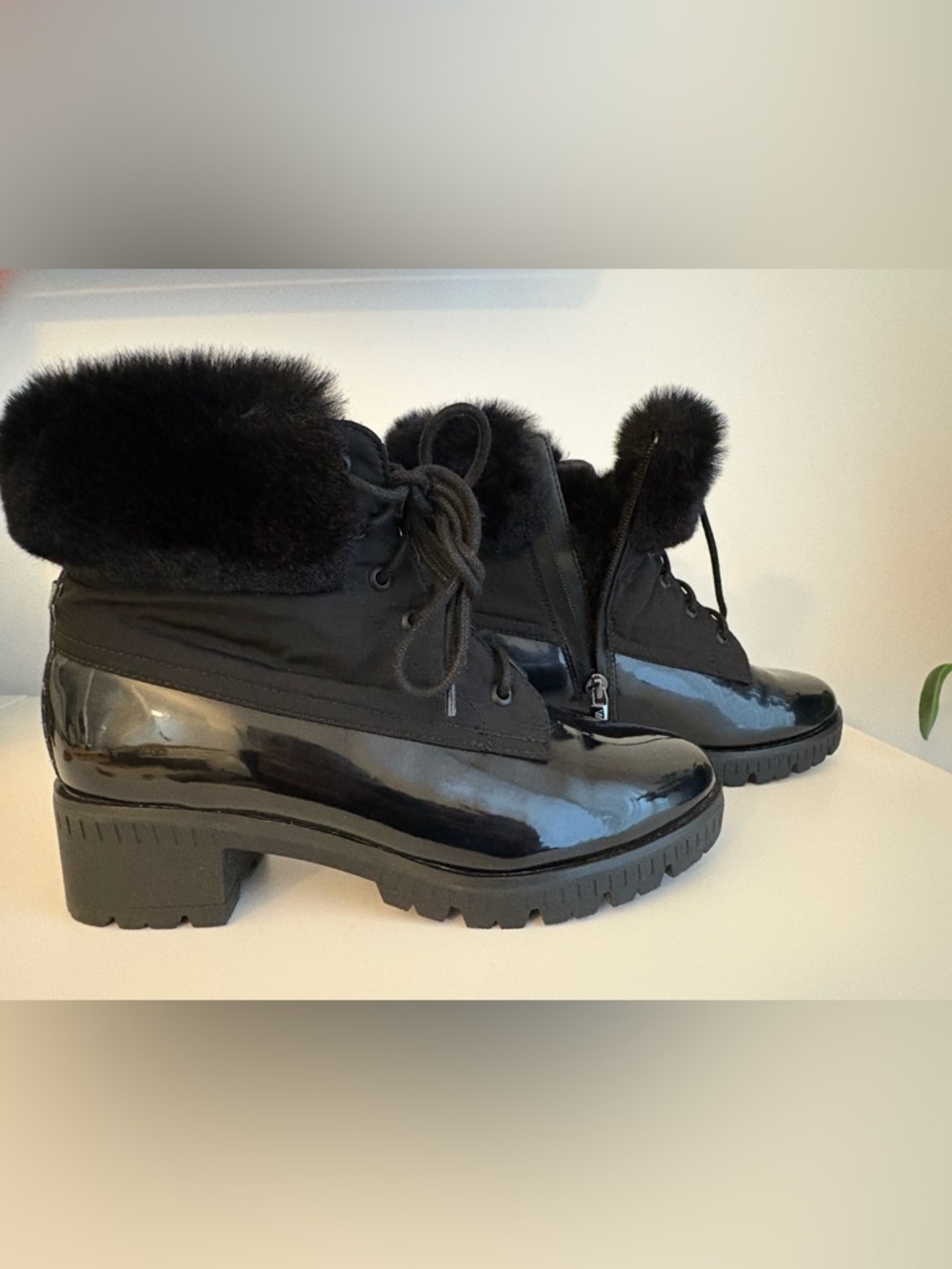 Black Faux Fur Trim Patent Lace-Up Ankle Boots - Women